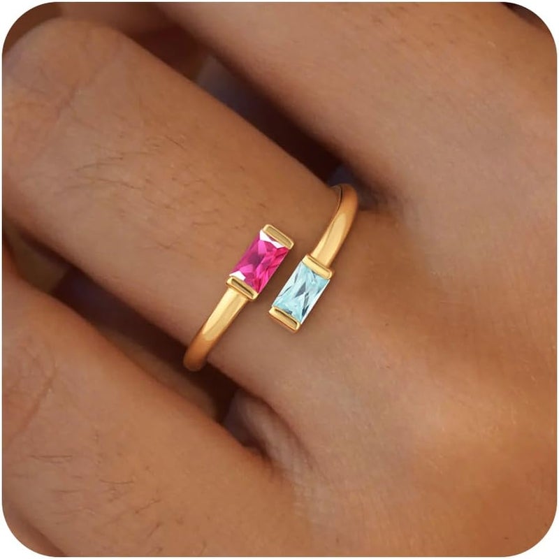 Honsny Gold Birthstone Rings for Women Non Tarnish 14K Gold Plated Adjustable Emerald Ring Cubic Zirconia Gemstone Promise Ring for Her Engagement Personalized Waterproof Jewelry Gifts for Birthday - Image 1